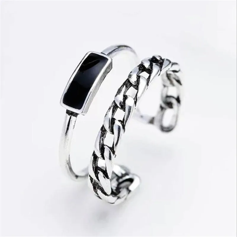 New Simple Retro Double Chain Style Drop Epoxy 925 Sterling Silver Jewelry Personality Rectangular Geometric Opening Rings R290