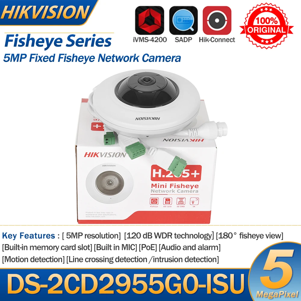 hikvision fisheye camera ip com microsom integrado slot para cartoes sd vigilancia por video de audio e alarme 180 ds2cd2955g0 isu 5mp 01