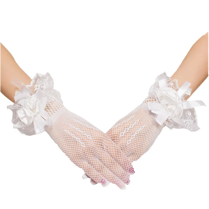 

Bridal Gloves Wedding Dress Short Lace Flower Bow High Elastic Knitted White Red Mesh Gloves bridal gloves white gloves