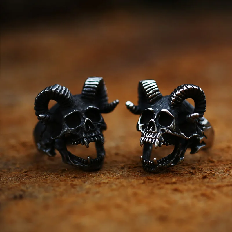 Vintage Gothic Punk Stainless Steel Ring Demon Satan Goat Skull Ring Prajna Mask Men Jewelry Accessories