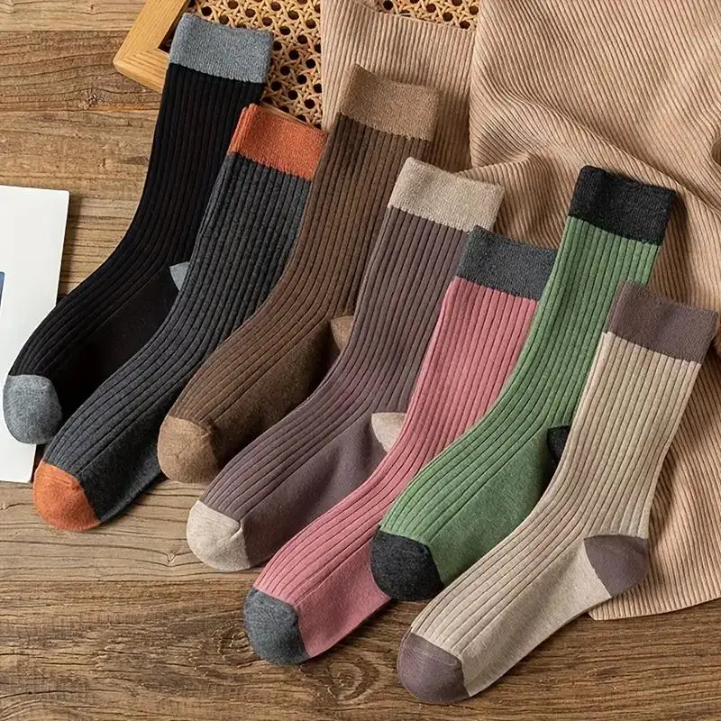 7 Pairs of Cozy Patchwork Crew Socks - Soft, Breathable, and Comfy Mid Tube Socks for Fall & Winter