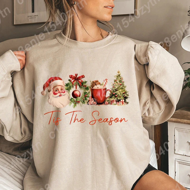 

Christmas Santa & Tree Graphic Print Sweatshirt, Casual Crew Neck Long Sleeve Sporty Top, Women's Holiday Gift Sweatshirts