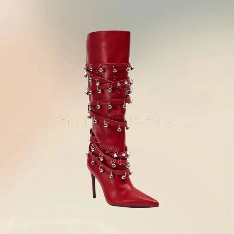 أحذية نسائية بمسامير دائرية معدنية باللون الأحمر بمقدمة مدببة وسحاب جانبي أحذية نسائية بكعب عالي رفيع موضة الحفلات والمواعدة 2025 Zapatos Para Mujere #3