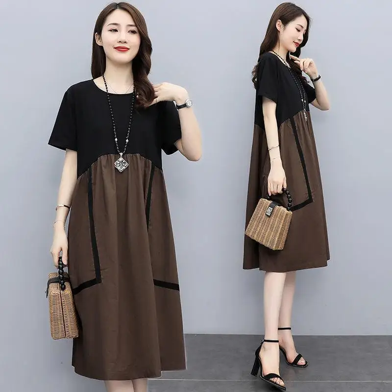 Women's Mid Length Dress Loose Large Size Art Age Reducing Slim Straight Skirt 2024 Summer New Leisure Long Party Dresses Brazil