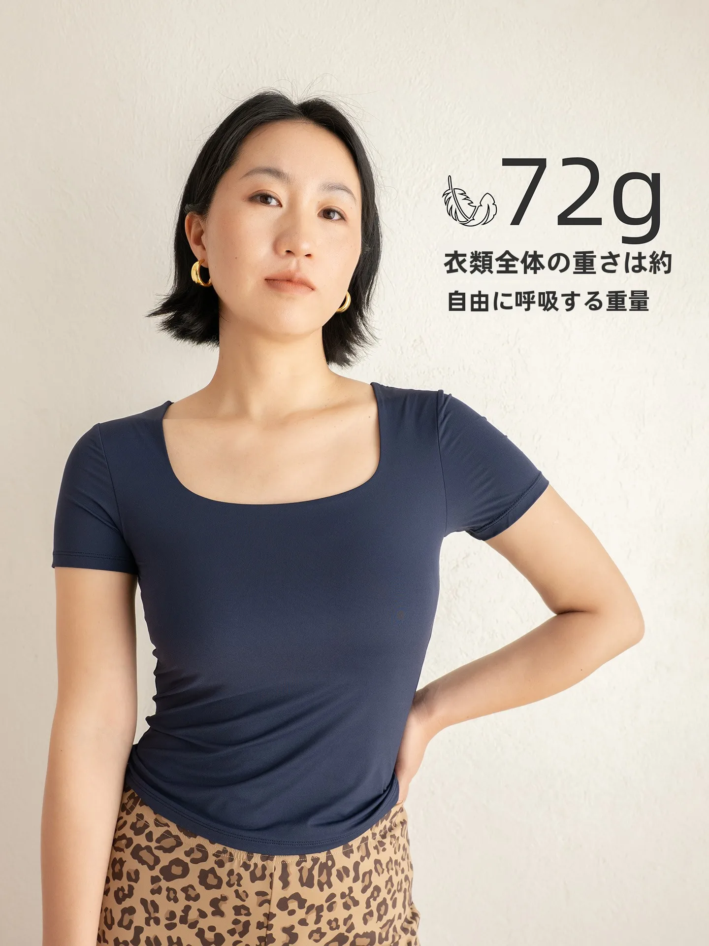 

JENUNIQUE Women's Slim Fit Short Sleeve T-Shirt Low Neck Lightweight Breathable Elastic Blue Casual Style Pure Color Design