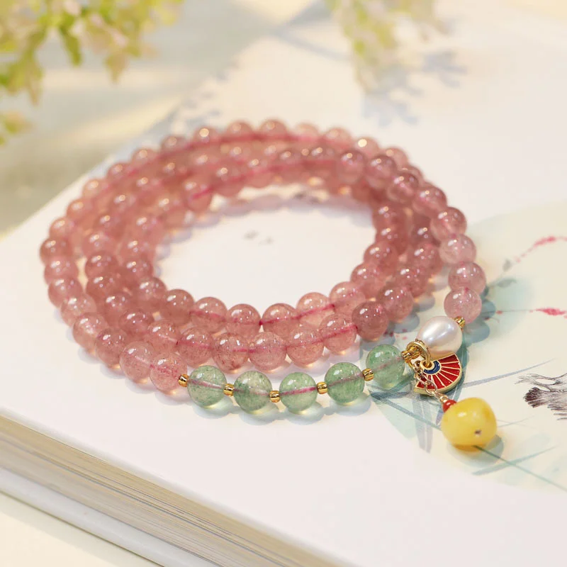 Natural Multi Loop Strawberry Crystal Bracelet Women's Handmade Design Diy Honey Wax Accessory Red Green