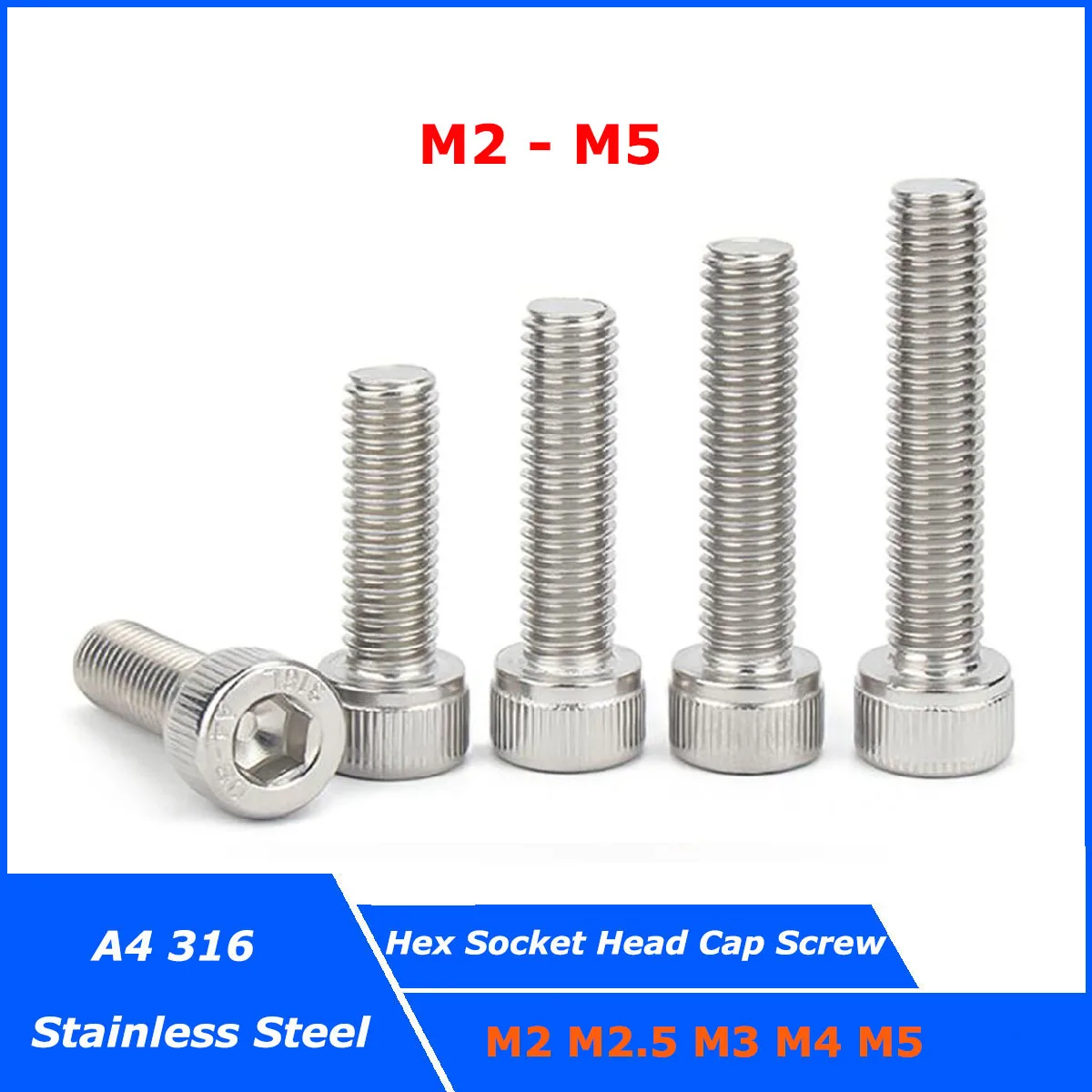 

2-50pcs M2 M2.5 M3 M4 M5 A4 316 Stainless Steel DIN912 Hexagon Hex Socket Head Cap Allen Bolt Screw Full Thread
