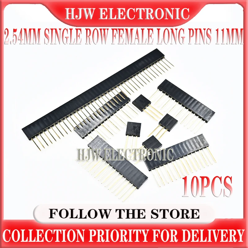 10pcs 2.54mm Single Row Female Long Pins 11mm PCB Board Pin Header Socket Connector 2/3/4/5/6/8/10/16/20/40Pin For Arduino DIY