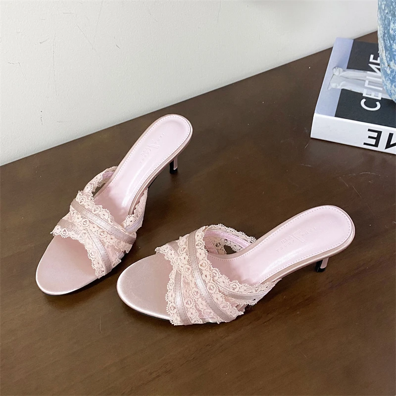 

Eilyken Summer Satin Lace Narrow Band Woman Slippers Elegant Thin Heels Female Shoes Fashion Slides Zapatos De Mujer