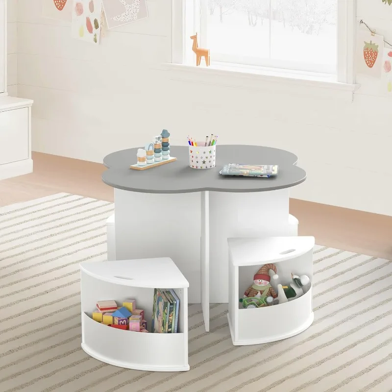 Toddler Table and Chair Set with 4 Storage Stools, Flower Shaped Nesting Design Table with Free Built-in Pen Holder, Kids Table