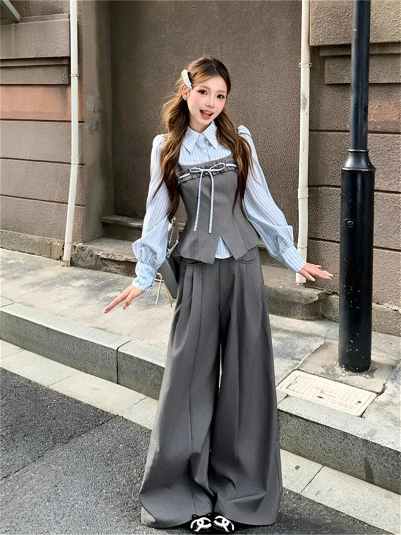Fashionable Korean Style Autumnal Striped Long Sleeve Wide Leg Pants And Shirt Set for Women High End Unique Two-Piece Ensemble
