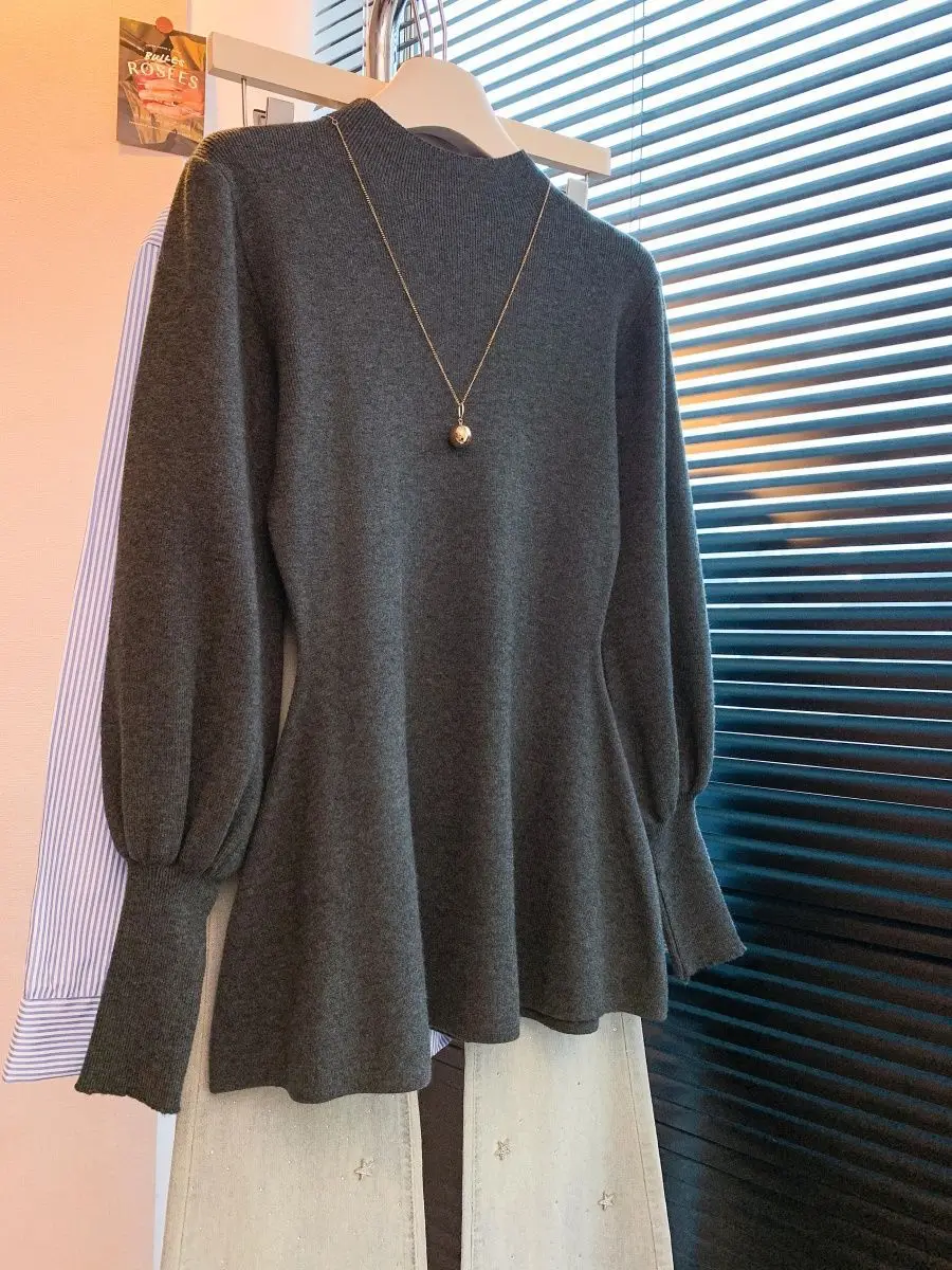 

2026 French Lantern Sleeve Knitted Sweater Spring Autumn Women Elegant Mock Neck Sweater Female Soft Blouse Jumpers Bottom Shirt