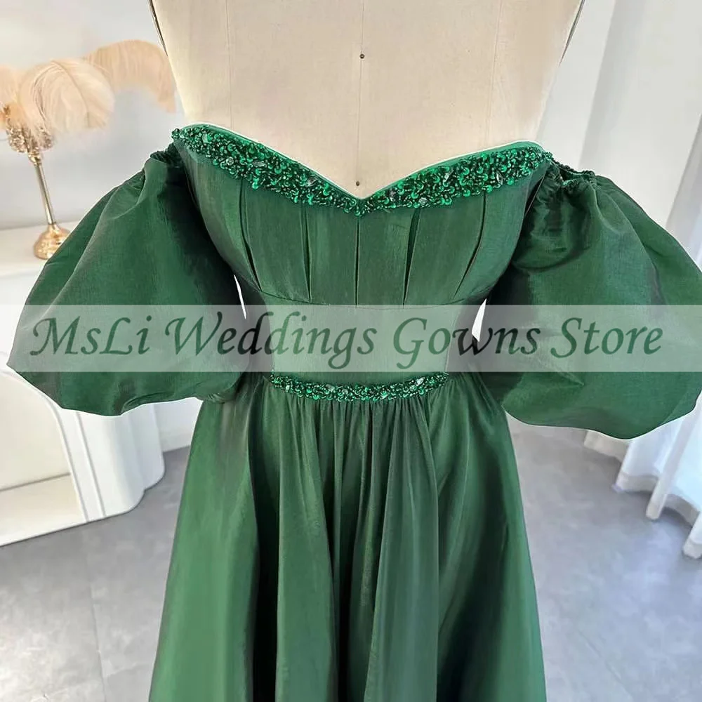 Vestidos de graduación de Dubái verde esmeralda para mujer, cuentas de satén sin tirantes, manga abullonada, vestido de noche para fiesta de celebridades, vestidos hechos a medida