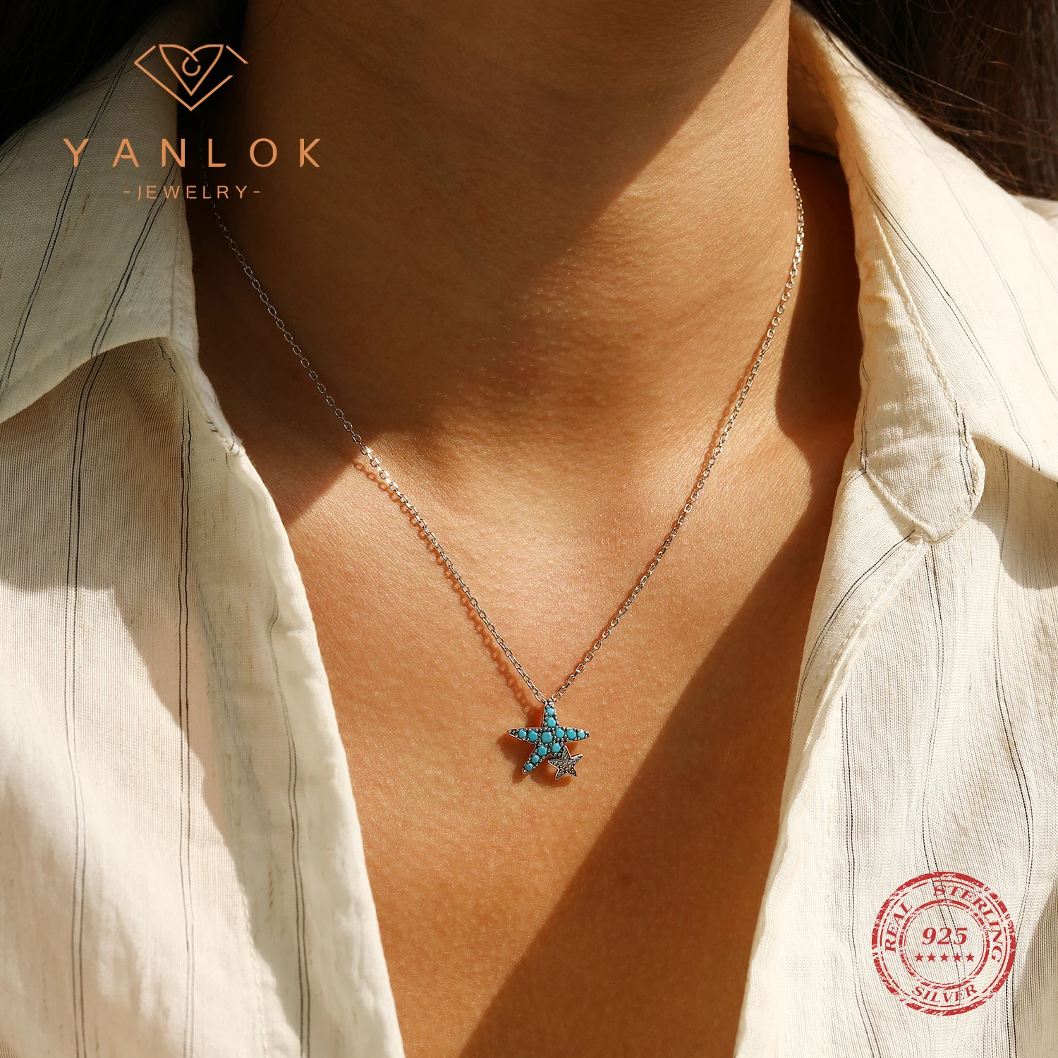 YANLOK Retro Turquoise Necklace 925 Sterling Silver Exquisite Starfish Pendant Necklace For Women Fine Jewelry