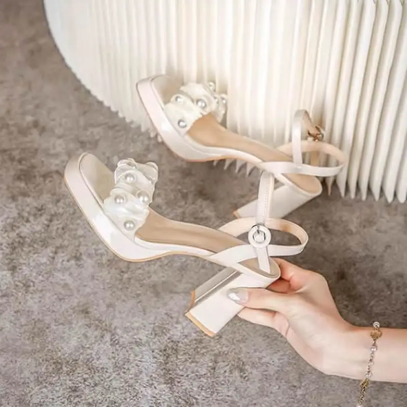 Hot Sale Shoes for Women Buckle Strap Women's Sandals Square Heel Square Toe High Heel Pump Women Flower Modern Heeled Sandalias