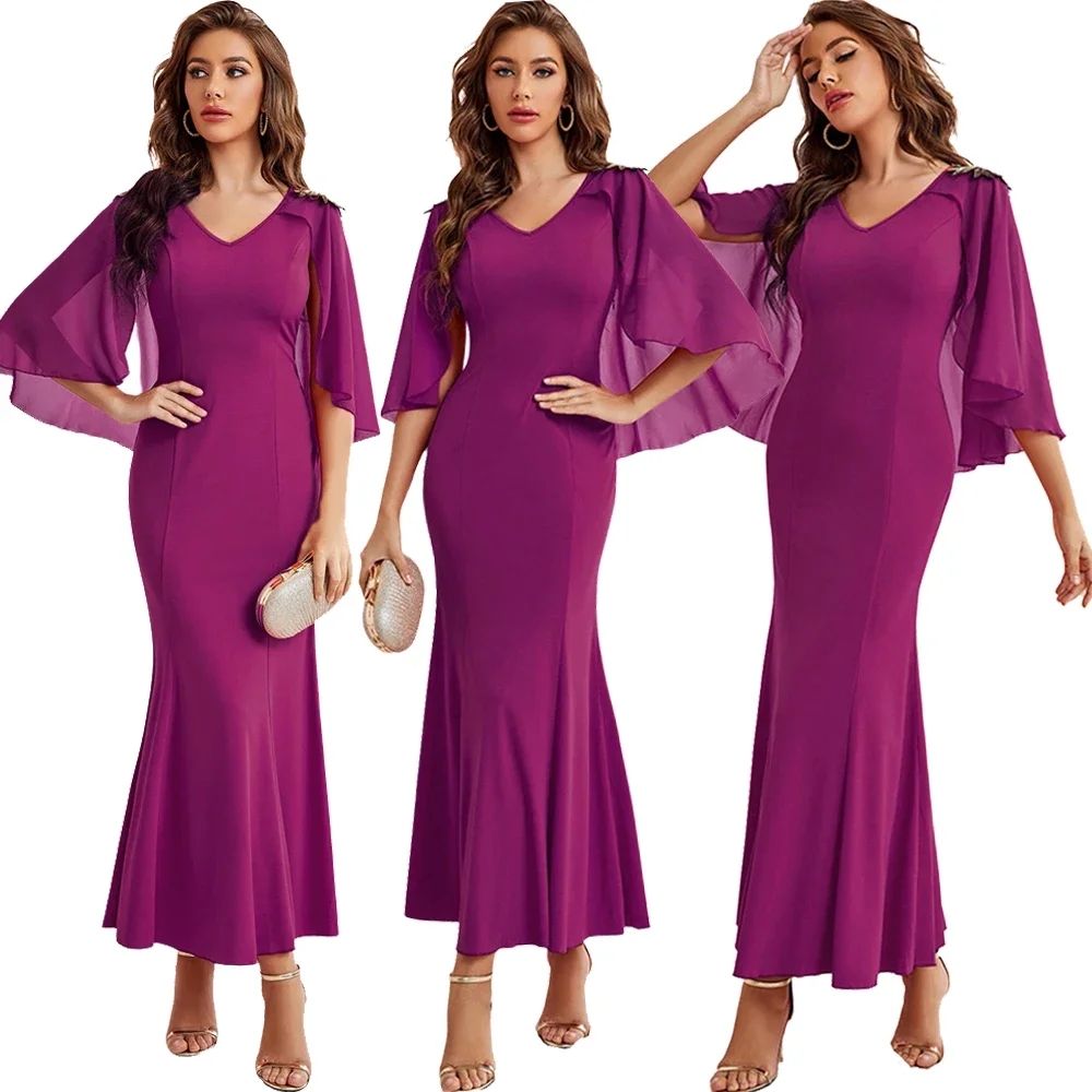 

Elegant Purple Plus Size Party Dresses Women V Neck Mesh Cloak Sleeve Solid Color Bodycon Evening Prom Dress Ladies Long Gown