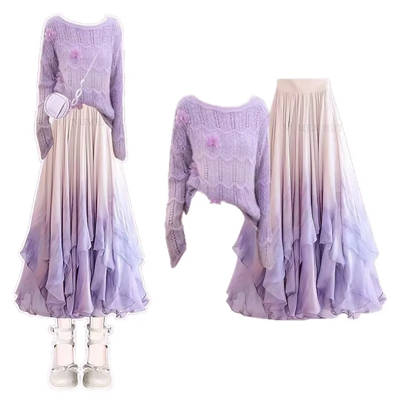 مجموعة الخريف من سترة المرأة اللطيفة والأنيقة المحبوكة الناعمة واللزجة المقترنة مع التعادل صبغ التخسيس نصف تنورة قطعتين مجموعة #5