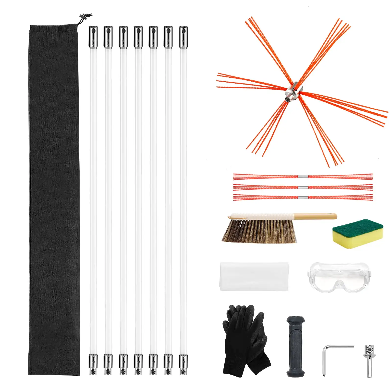 

Chimney Cleaning Kit, 23 ft Extendable Length Brush with Replacement Bristles & Safety Goggles, Flexible Design for 90° Angles,