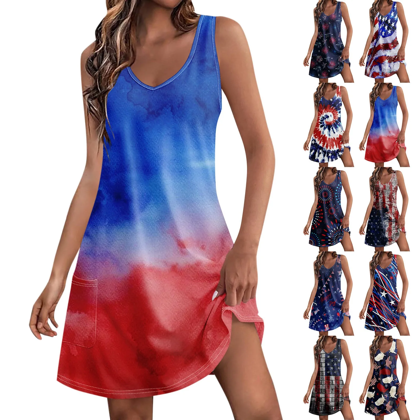 Women's Casual Sundress With Pockets Summer Mini Beach Dress Independent Day Printed T-Shirts Dress V Neck Loose Tank Dresses