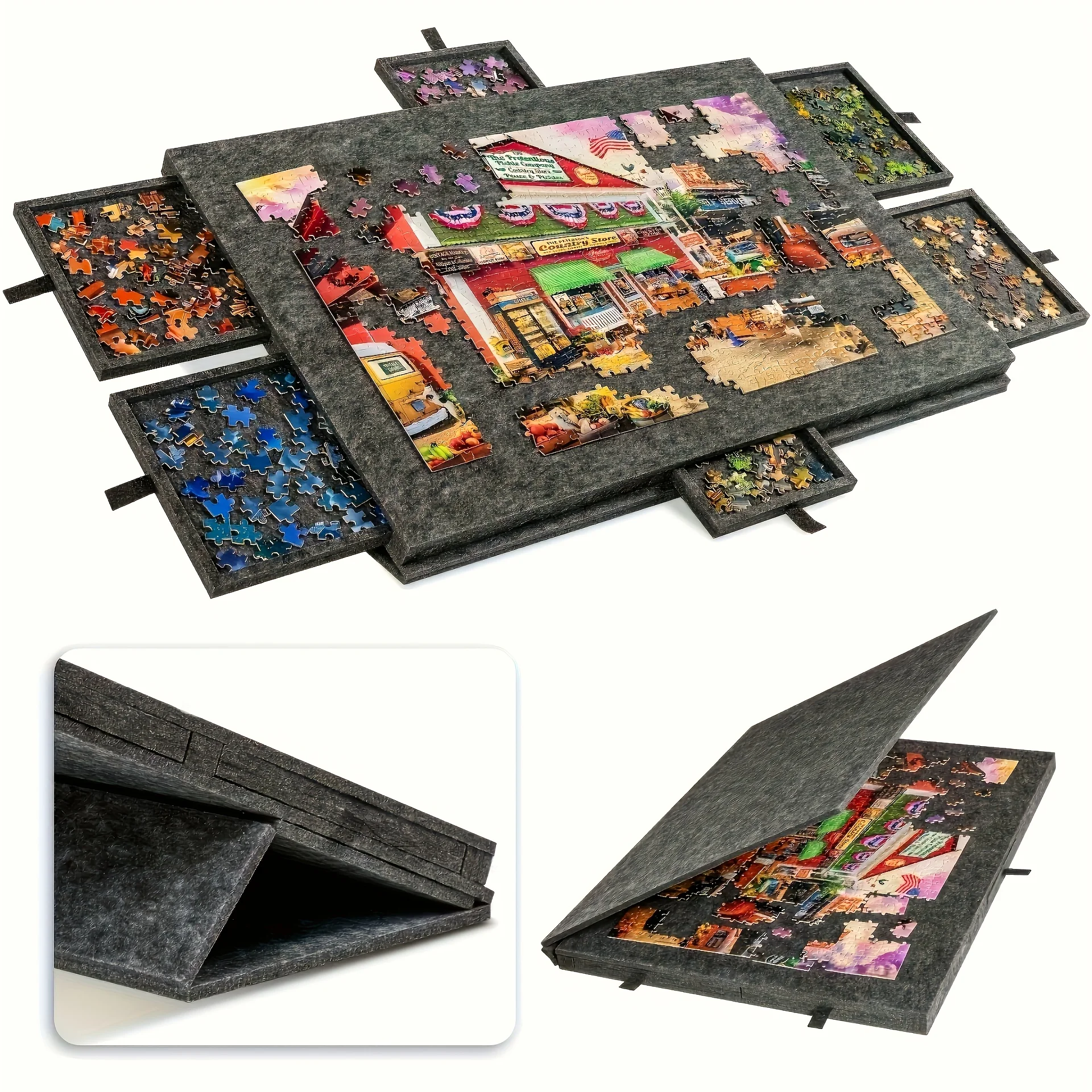 1 Set Jigsaw Puzzle Sorting Table with 6 Drawers, Felt Work Surface for 1000pcs Puzzles, Includes Display Lid & Stand