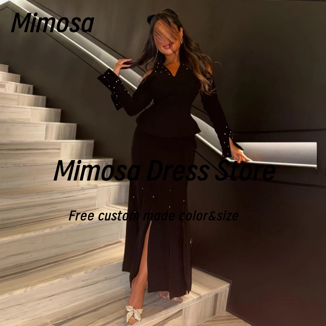 

Mimosa V Neck Prom Dresses Long Sleeves Evening Dress Saudi Women Wear Front Side Slit Special Occasion Formal Gowns Customized