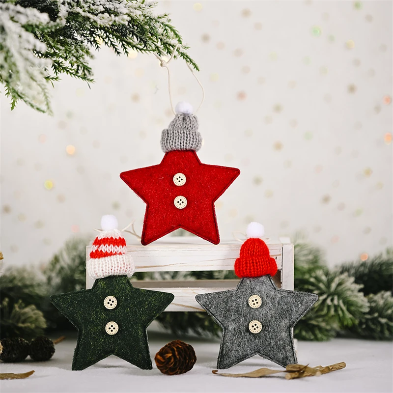 Creative Christmas Knitted Hat Five-pointed Star Pendant Christmas Tree Hanging Pendant Ornament Home Decor 2024 Gifts