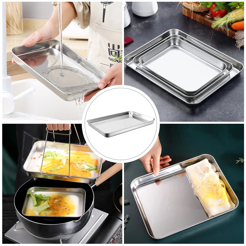 2PCS Rectangular Stainless Steel Barbecue Sub Tray Container Storage Keeper Barbecue Tray Practical Restaurant Baking Dish