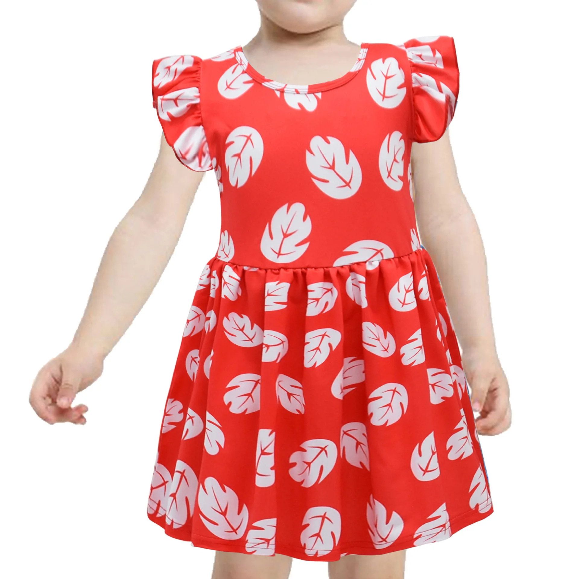 Kids Girls Anime Cartoon Print Ruffle Short Sleeves Lilo Princess Dress Outfit Christmas Role Play Halloween Cosplay Costume