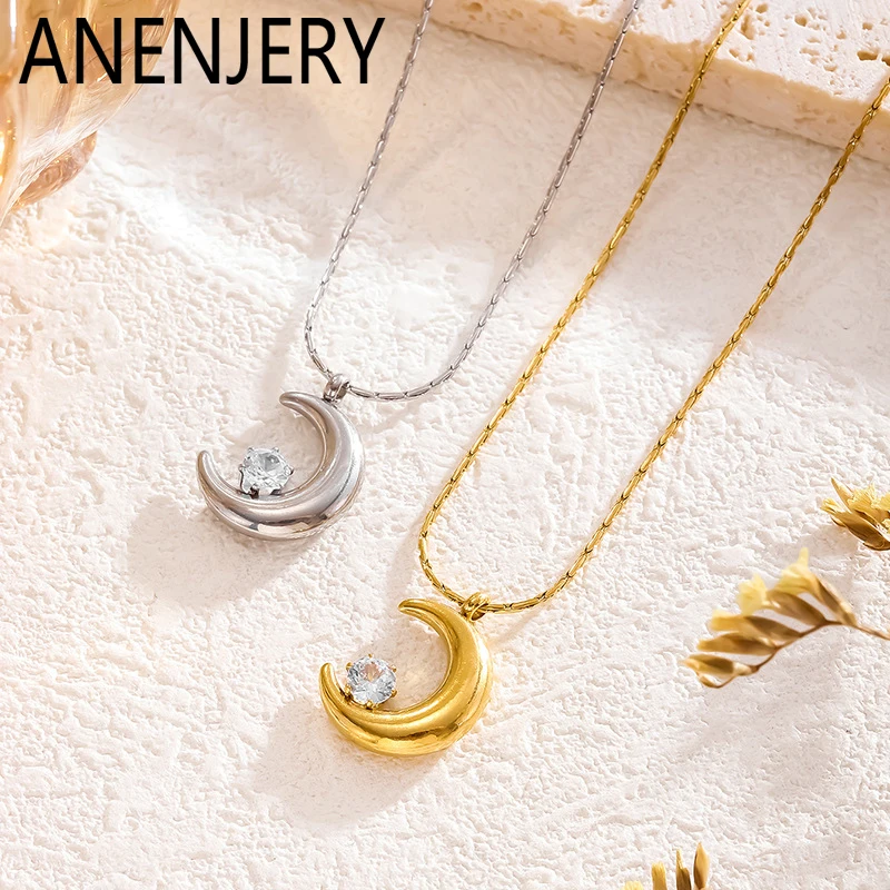 ANENJERY 316L Stainless Steel Moon Star Inlaid Zircon Necklace for Women Design Clavicle Chain Jewelry Gift Party Wholesale