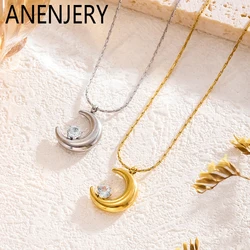 ANENJERY 316L Stainless Steel Moon Star Inlaid Zircon Necklace for Women Design Clavicle Chain Jewelry Gift Party Wholesale