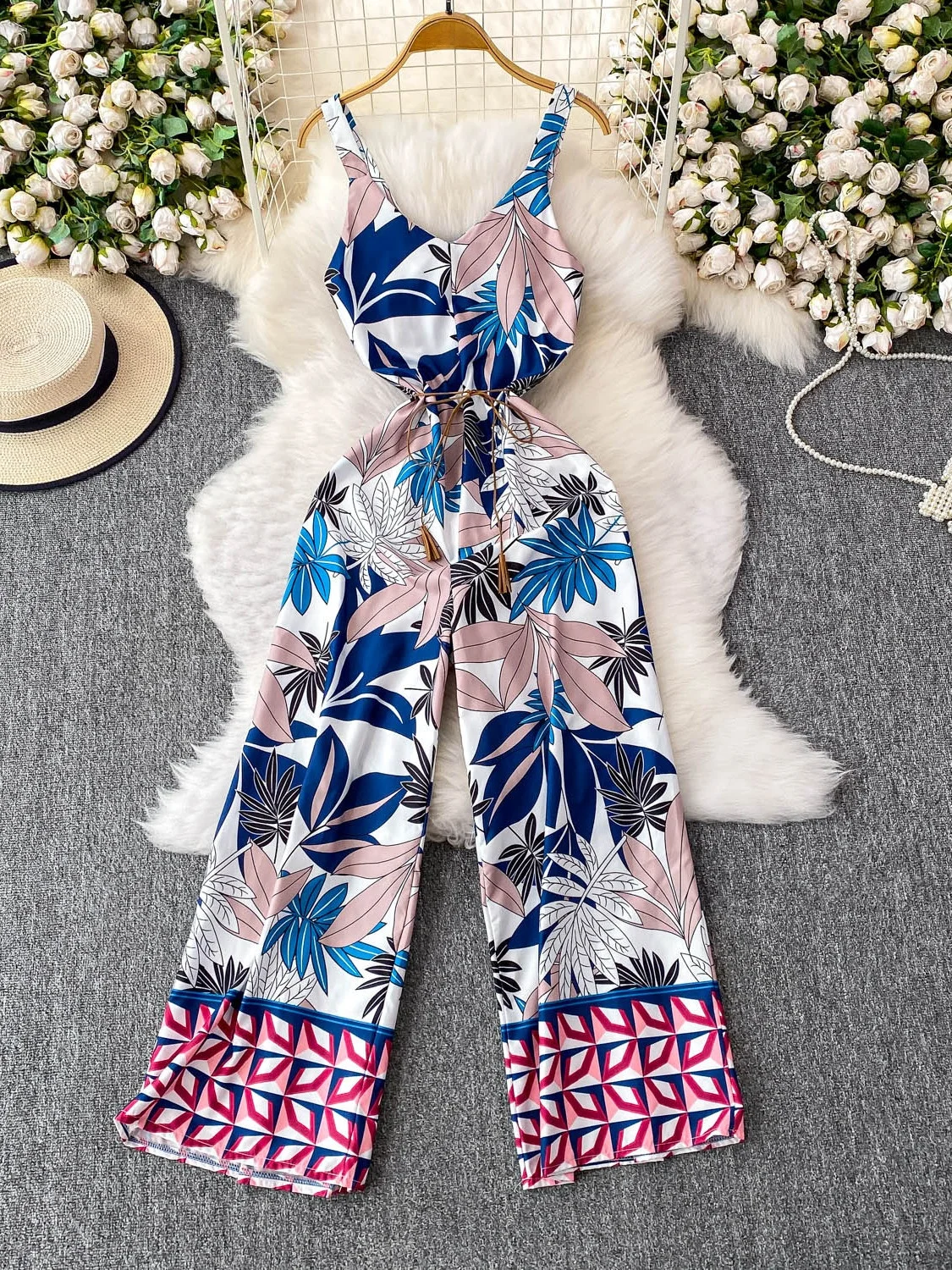 

Slimming Wide Leg Pants V Ne ter Swimsuit High Waist Belted Holiday Faionable Printed Women's Summer Dr