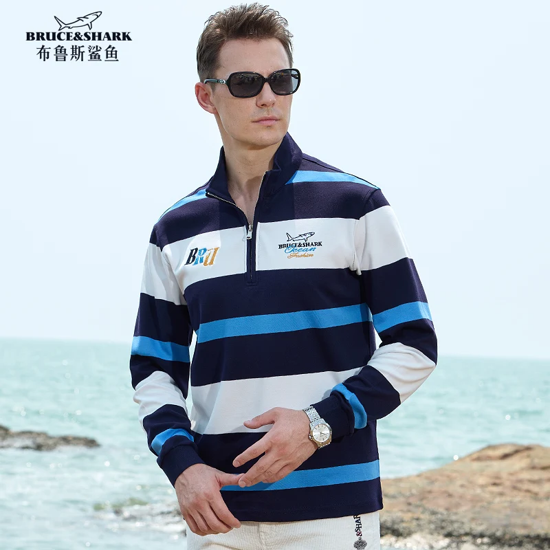 Autumn New Straight Men\'s Striped Polos Bruce&Shark Thicken Stretch Long Sleeved Casual Warm Clothes Embroidery Top Big size 4xl