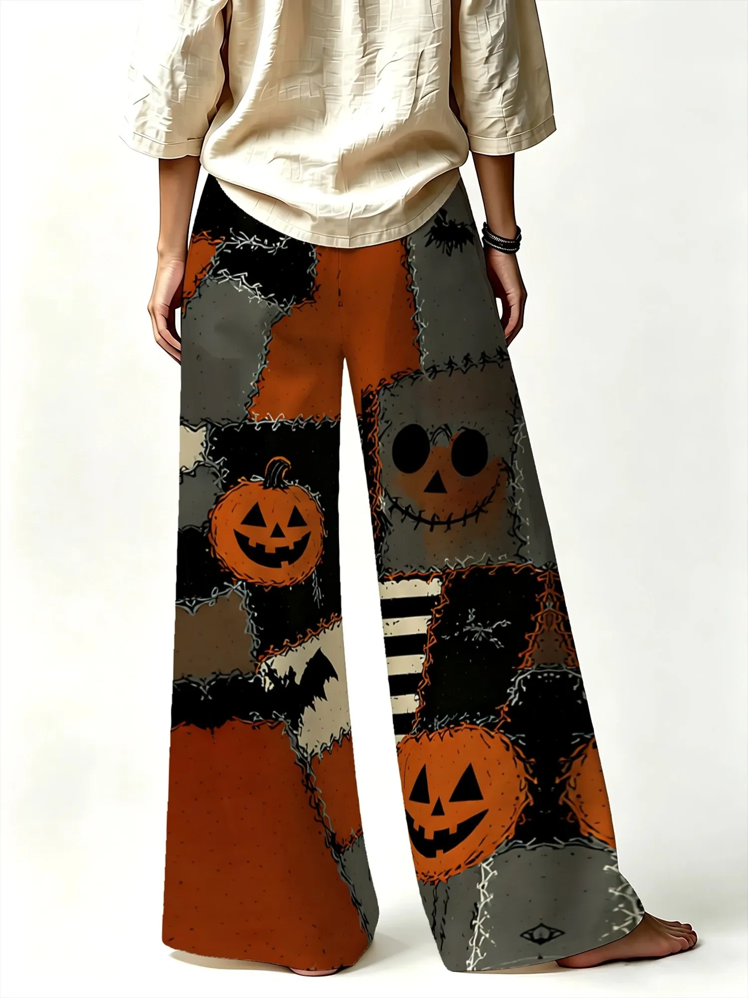 Women's Plus Size Wide- Trousers - Wide- Bat & Jack-o'-Lantern Print Pants Suitable for Halloween Parties