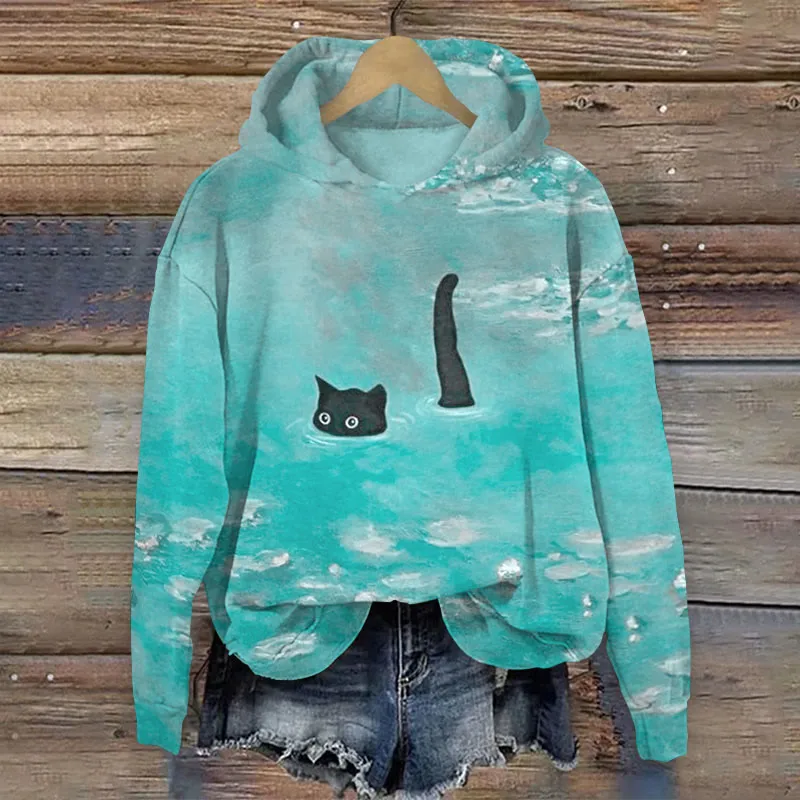 2024 New Designer Women Hoodies Cute Kitten Print Autumn Winter Casual Loose Women Sweatshirt Fashion Street Y2K Clothing