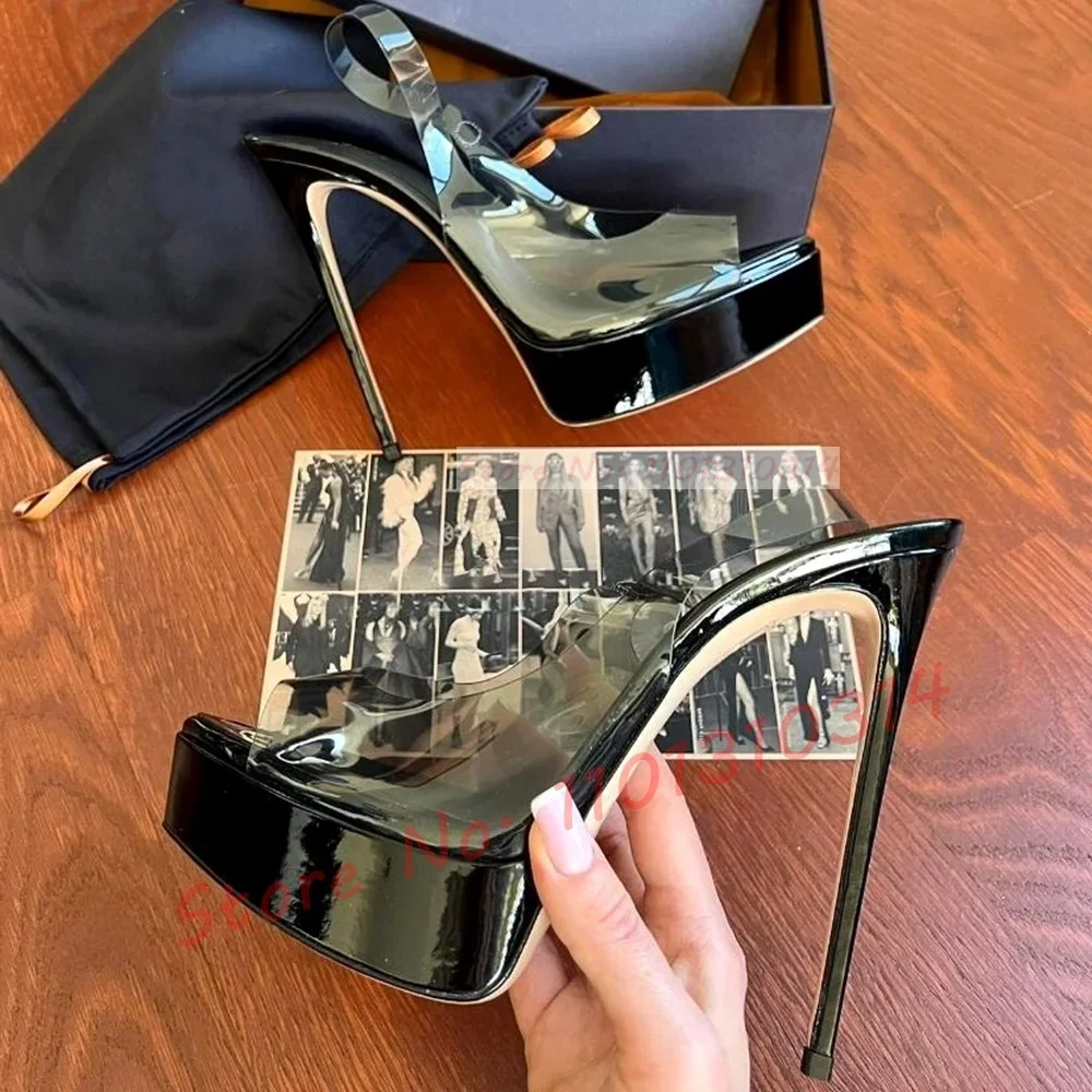 Black Clear Pointed Toe Platform Sandals Women Crystal See-through High Thin Heels Slingbacks Female Summer Elegant Sandals
