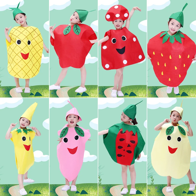 

1Set Children Cosplay Fruit Veggie Costume Funny Strawberry Apple Party Cute Clothes Suit Boys Girls Performance Stage Costumes