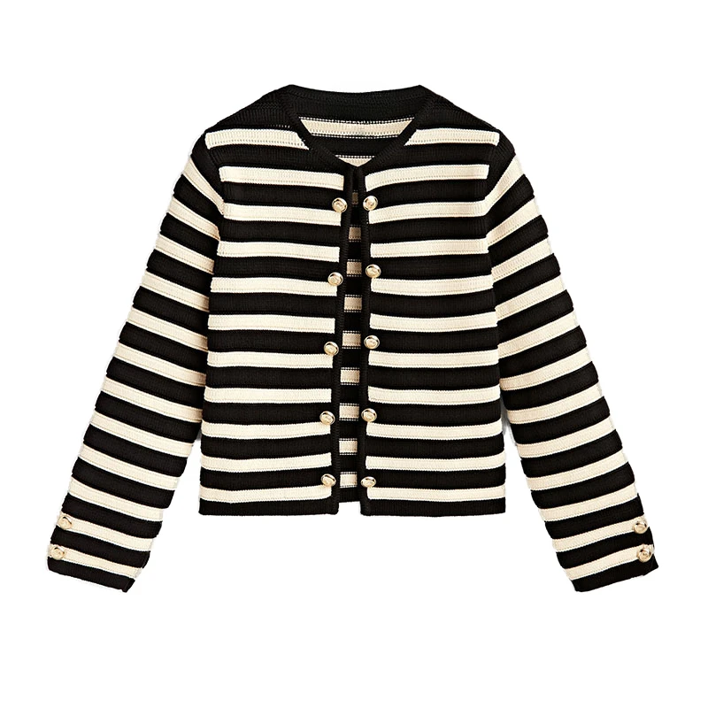 2025 New Fashion Spring Autumn Striped Knitted Sweater Slim Simple Casual Versatile Cardigans Coat Female Tops Chic