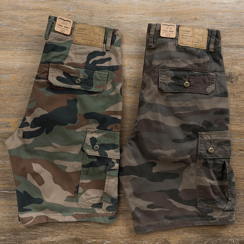 wear Camouflage workwear shorts summer men's heavyweight washed cotton capris retro khaki style tough casual half pants