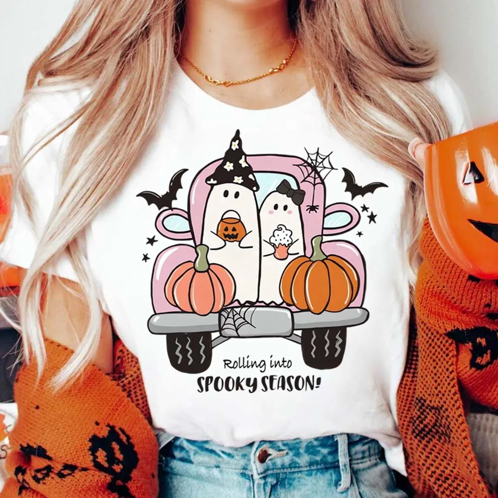 

Short Sleeved Ghost Pumpkin Car Pattern Autumn Women's New T-Shirt Casual Style Street Halloween Top Women's O-Neck T-Shirt