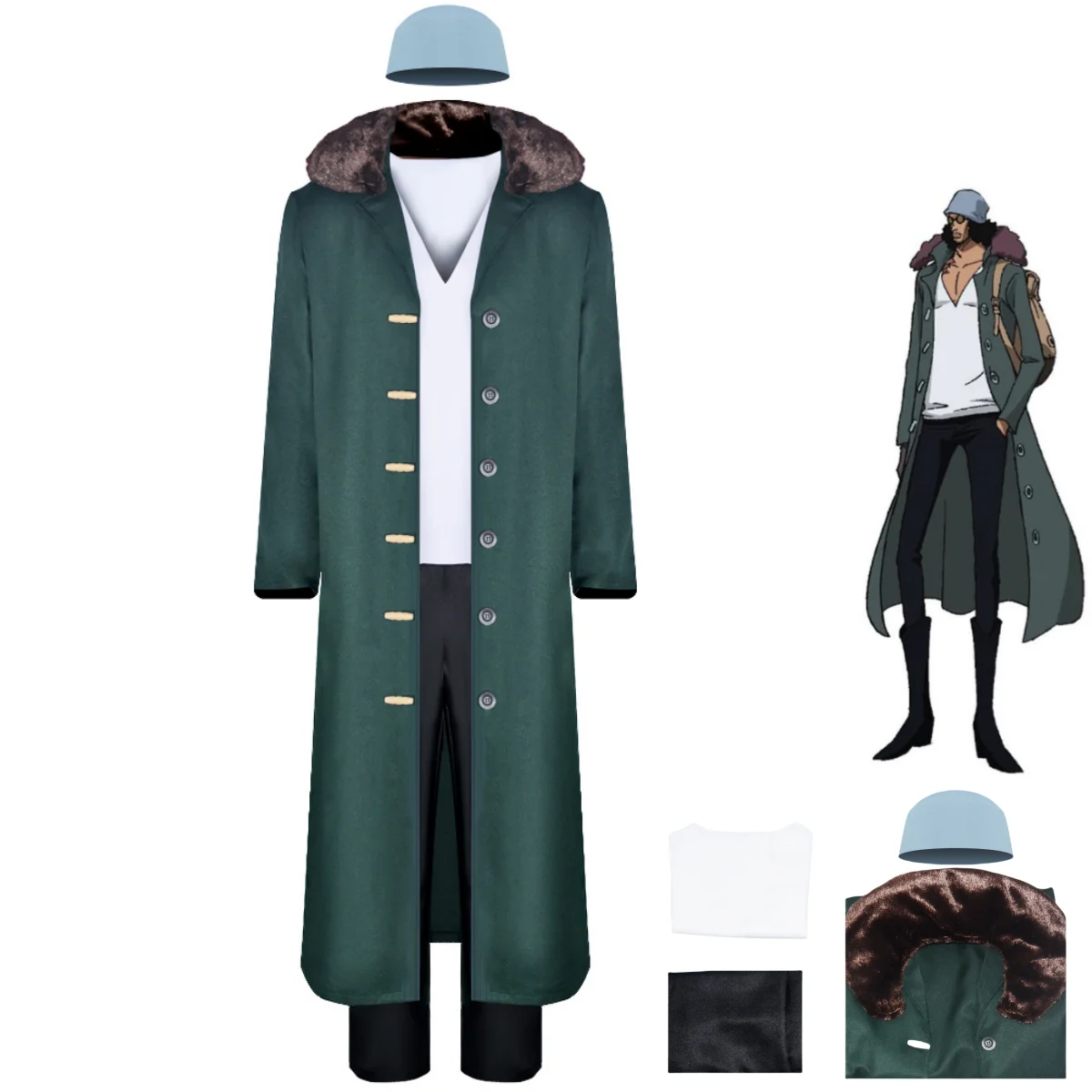 

Anime Kuzan Cosplay Costume Blackbeard Pirates Captain Green Long Sleeved Trench Coat Uniform Man Halloween Christmas Suit