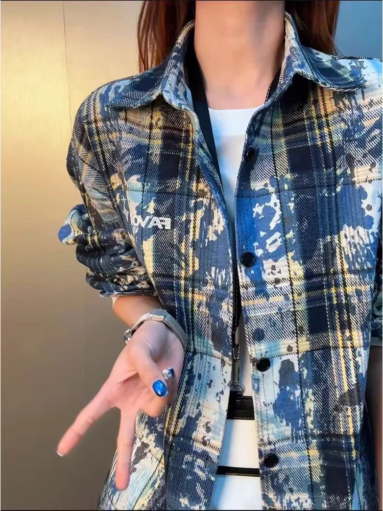 

Blue Tie Dye Splatter Plaid Long Sve Men's irt Spring Design American Retro Couple Outerwear Loose Fit Daily Wear