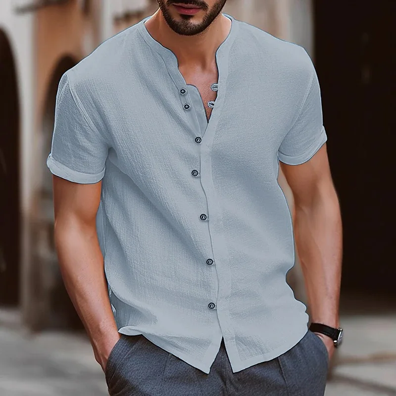 High quality fashion men\'s collarless short sleeve Polo shirt men\'s beach style casual collarless T-shirt garment top