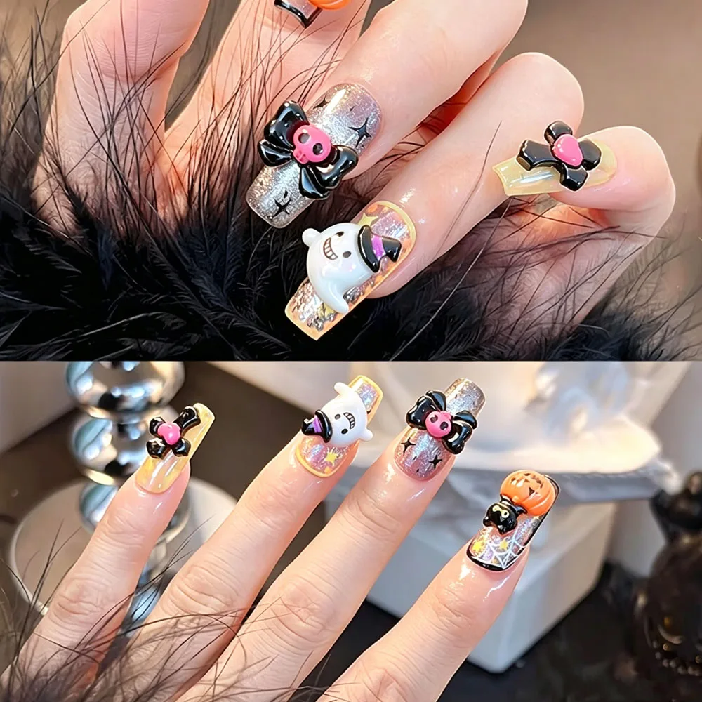 12er-Set 3D Schwarz-Weiß Halloween Nagel-Charms: Niedliche Totenkopf-/Geister-/Kreuz-/Katzen-/Kürbis-/Fledermaus-Nagelsteine aus Harz mit flacher Rückseite zur Nageldekoration – Detail 6