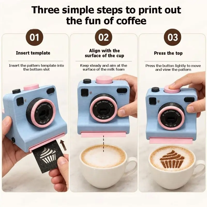 ABFY-Card DIY Latte Art Camera Tool Replacement Parts- One Touch Press+ 4 PLA Stencils& 3D Printed Latte Camera Vintage Design