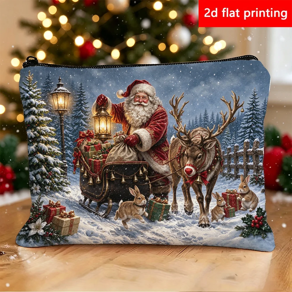 Christmas Santa Sleigh Reindeer Rabbit Xmas Gifts Print Corduroy Cosmetic Bag Women Portable Travel Zipper Makeup Storage Pouch