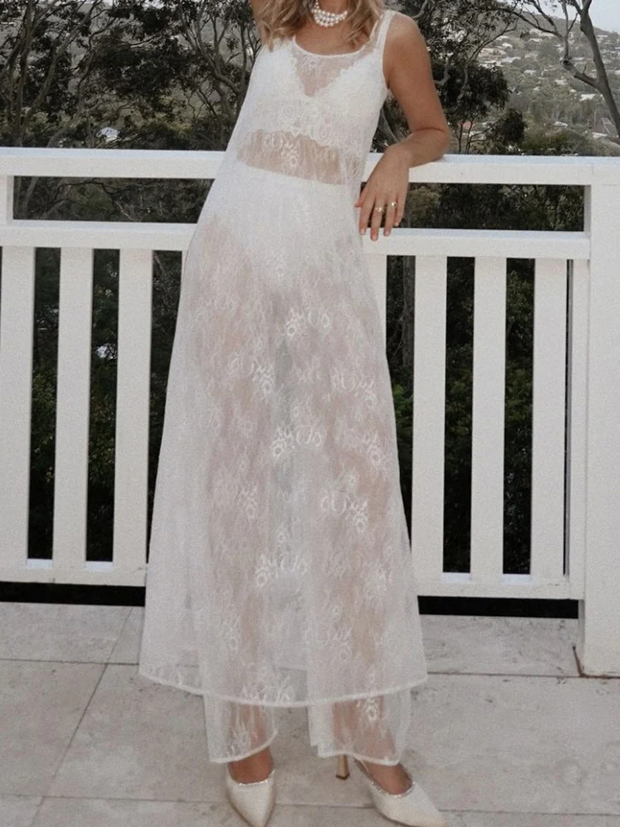 جديد إمرأة الصيف بيكيني التستر أكمام U الرقبة الدانتيل الأزهار شبكة شير فضفاض فستان طويل S M L