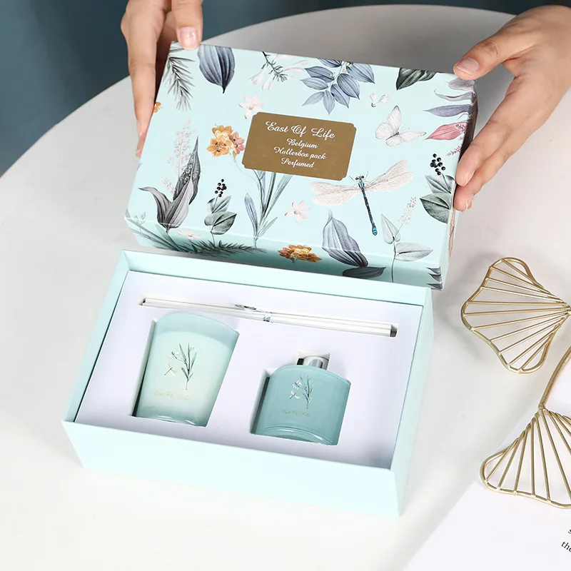 Blue Tengzhi Non-flame Scented Candle Gift Box Set, Festival Birthday Gift Souvenir, Bamboo Coffee Sage Fresh Elegant Scented