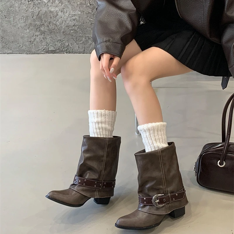 الجدة مشبك برشام الديكور حذاء من الجلد النساء موضة أشار تو أحذية رعاة البقر الغربية مريحة مقاوم للماء منصة الأحذية #4