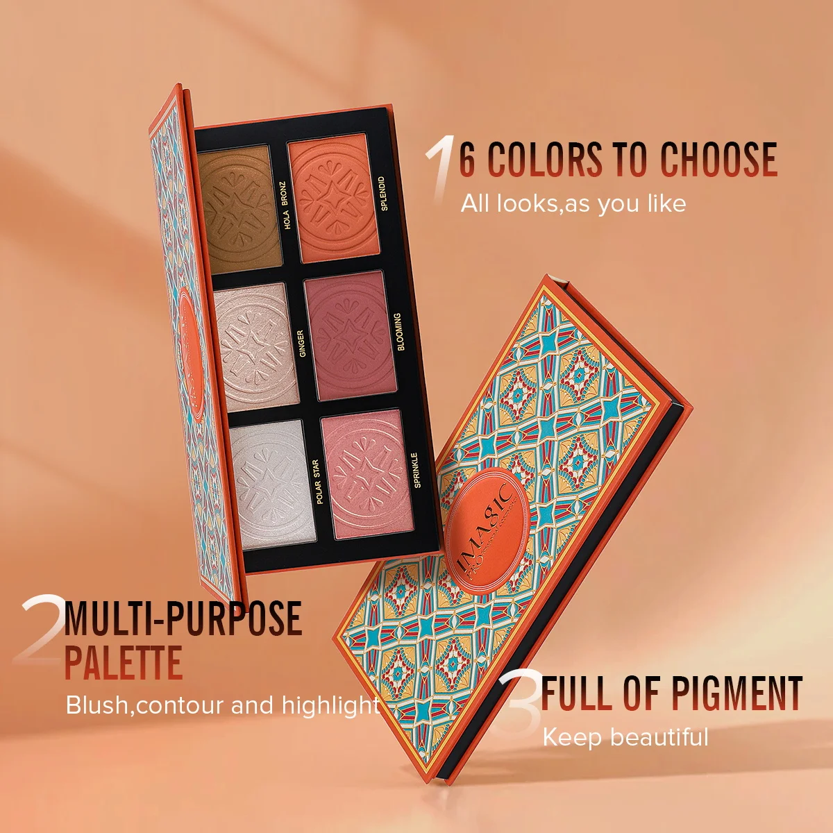 IMAGIC Blusher Powder Highlight Contour Powder Palette Mix 6 Color 3 in 1 Facial Makeup Waterproof Long-lasting