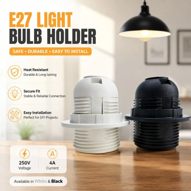 E27 Light Bulb Holder 250V 4A Plastic Full Screw Lamp Base Pendant Socket with Lampshade Ring White Black